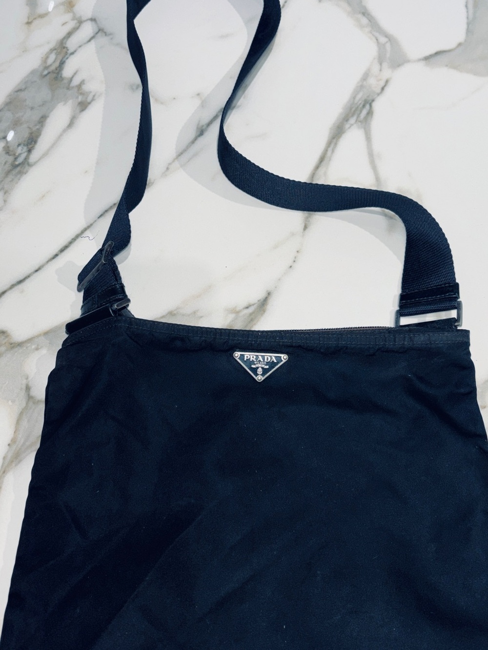 Vintage Prada Black Vela Nylon Flat Messenger Crossbody Bag Y2K